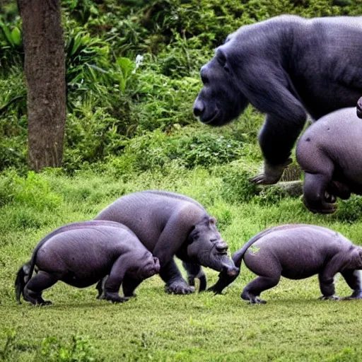 Prompt: three silverback gorillas fighting a hippo