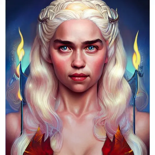 Image similar to lofi daenerys targaryen portrait with fire flaming dragons, queen of dragons, Pixar style, by Tristan Eaton Stanley Artgerm and Tom Bagshaw.