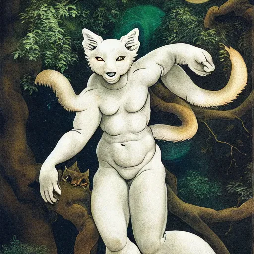 Image similar to a kitsune spirit in a dark forest, painted by michelangelo