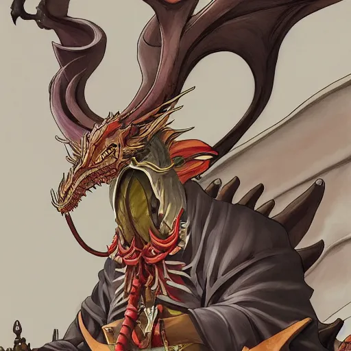 Image similar to concept art painting of an anthropomorphic dragon king with robes, a long dragon neck, and horned skull mask, sitting on a throne, anime style, cel shaded, in the style of makoto shinkai and james gurney and studio ghibli and moebius