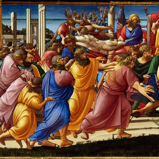 Prompt: painting of jesus christ attacking the money changers outside the temple, donatello, giotto, leon battista alberti, cimabue, filippo brunelleschi, fra angelico, lorenzo ghiberti, hildegard of bingen, giotto di bondone