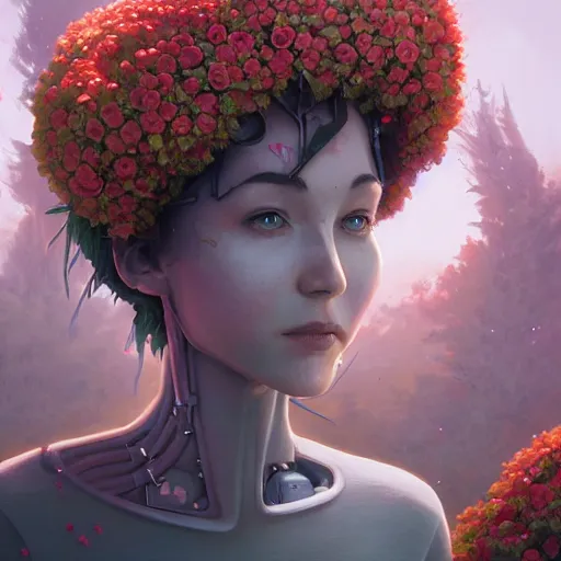 Image similar to highly detailed surreal vfx portrait of a robot with flowers growing out of its head, stephen bliss, unreal engine, greg rutkowski, loish, rhads, beeple, makoto shinkai and lois van baarle, ilya kuvshinov, rossdraws, tom bagshaw, global illumination, detailed and intricate environment