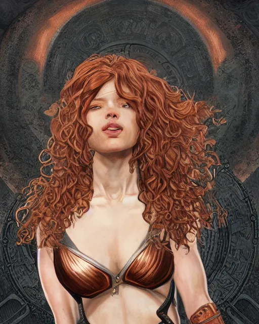 Image similar to Hyper realistic portrait of a strong female fighter with beautiful curly shiny copper hair and broad shoulders, she is from Troy and wears a golden armor, high contrast, artwork in the style of Alphones Mucha and Takumi Nagayasu, trending on artstation