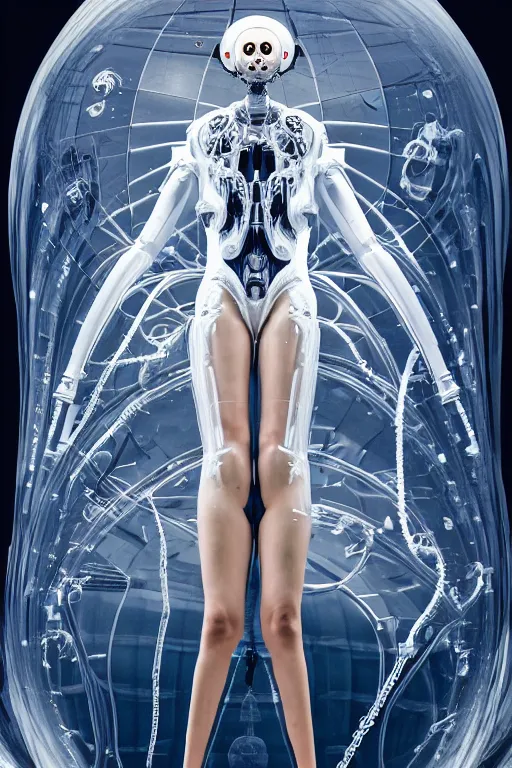 Image similar to background space station, baroque inflateble dress iris van herpen positing on floor, perfect symmetrical, full body shot, white helmet on face, inflateble shapes, wires, tubes, veins, jellyfish, white biomechanical details, wearing epic bionic implants, masterpiece, intricate, biopunk, vogue, highly detailed, artstation, concept art