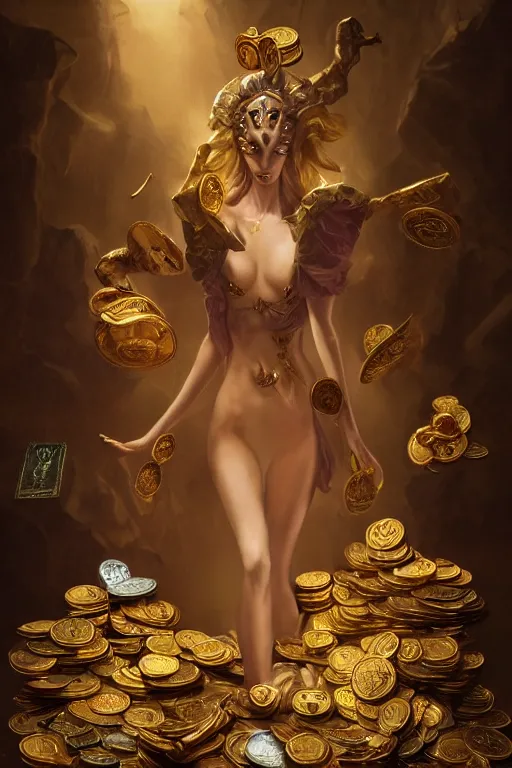 Prompt: tarot card greed sin, piled coins, treasure, gold details, highly detailed, luxury, pompous woman style of peter mohrbacher, vray, fractal, golden ratio, dramatic lighting, riches