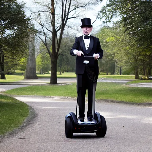 Image similar to an anthropomorphic silver fox in a dapper suit and a top hat riding a Segway in a park, photo, 4K