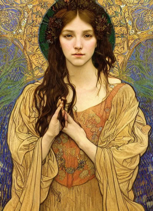 Image similar to detailed realistic beautiful young medieval queen face portrait by jean delville, alphonse mucha, vincent van gogh, and marco mazzoni, art nouveau, symbolist, visionary, gothic, pre - raphaelite