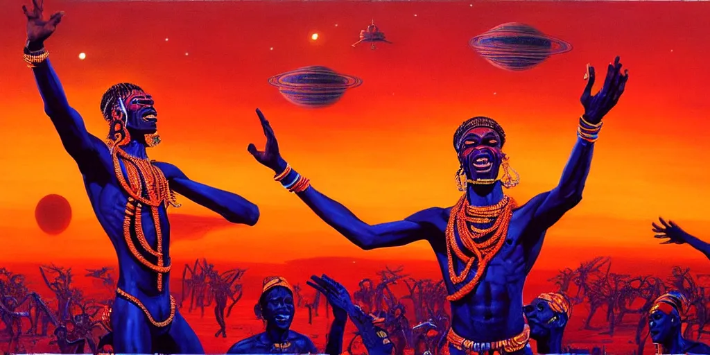 Prompt: a wide - angle detailed painting of an african - attired fela performing on stage to millions of aliens, while spaceships cover the orange - colored sky, by bruce pennington.