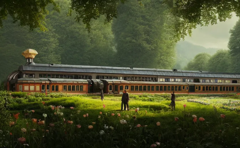 Image similar to exterior shot of utopian train station on in the middle of an english garden with cinematic lighting by peter zumthor and renzo piano, darek zabrocki and greg ruthkowski, simon stalenhag, cinematic, holy place, paradise, scifi, futurism, atmospheric, concept art, artstation, trending on artstation