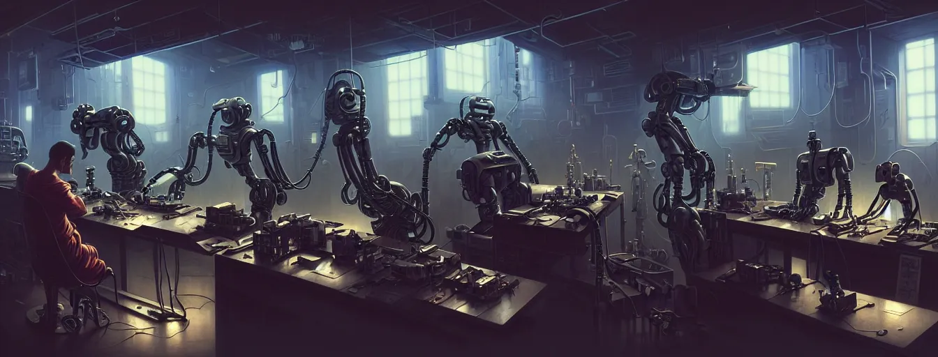 Prompt: robot repair workshop, blade runner artifacts, electronic case display, cyberpunk tech, ultrarealistic, futuristic, three point lighting, dramatic lighting, electrical details, high details, 4 k, 8 k, best, accurate, trending on artstation, photorealism, digital painting, style of peter mohrbacher, caravaggio, boris vallejo, hajime sorayama