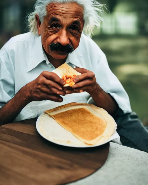 Prompt: A photo of Albert Einstein eating Dosa, highly detailed, trending on artstation, bokeh, 90mm, f/1.4