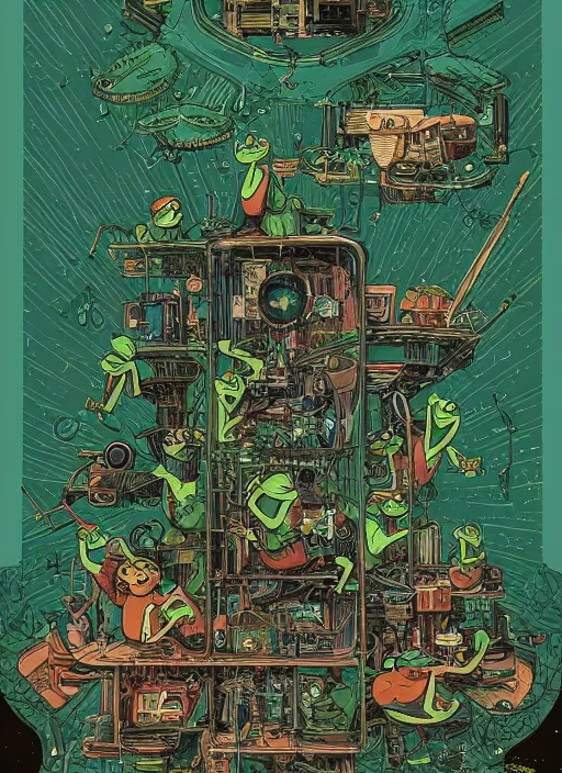 Prompt: Kermit the frog cutaway diagram, Kilian Eng, Dan Mumford, detailed