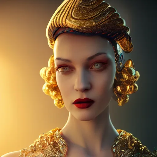 Image similar to innovative avant-garde art, deco fashion, royal theme, highly detailed, photorealistic portrait, golden hour, crisp quality and light reflections, unreal engine 5 quality render