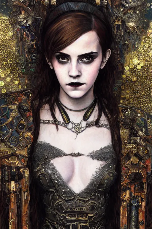 Image similar to portrait of beautiful gothic Emma Watson, cyberpunk, Warhammer, highly detailed, artstation, illustration, art by Gustav Klimt