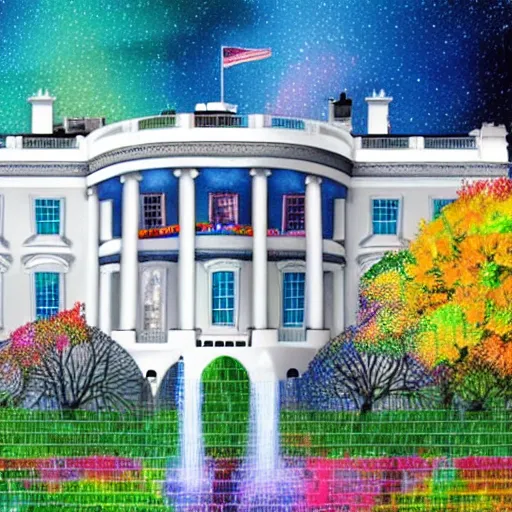 Prompt: photo of 8k ultra realistic White House filled with multi color crayons, clear sky, full of colour, cinematic lighting, battered, trending on artstation, 4k, hyperrealistic, focused, extreme details,unreal engine 5, cinematic, masterpiece, art by John Berkey