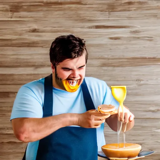 Image similar to man with pancake face pouring syrup in his mouth