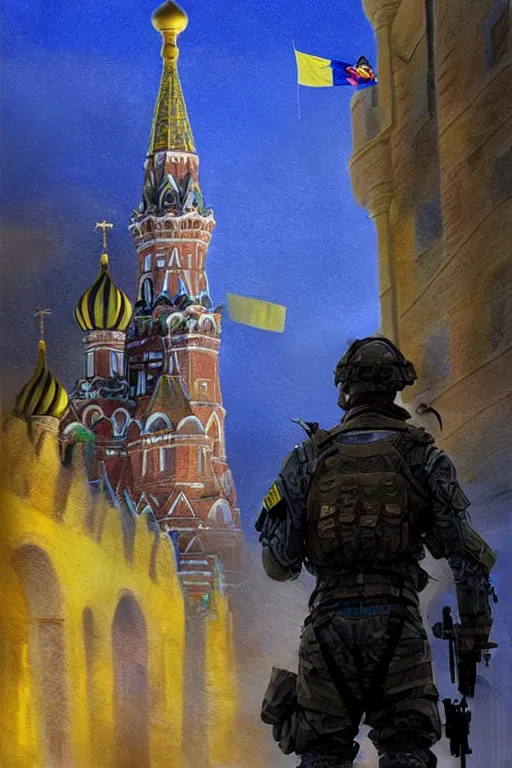 Image similar to special forces soldier raising ukrainian blue and yellow flag, kremlin st. basil cathedral in the background, masculine figure, d & d, fantasy, bright atmosphere, volumetric lights, intricate, elegant, extremely detailed, digital painting, artstation, concept art, matte, smooth, sharp focus, hyper realistic, illustration, art by artgerm and greg rutkowski and alphonse mucha