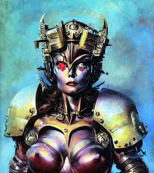 Image similar to portrait of strong female chaos angel, beautiful! coherent! by frank frazetta, by brom, strong line, vivid neon color, spiked scrap metal armor, iron helm maximalist