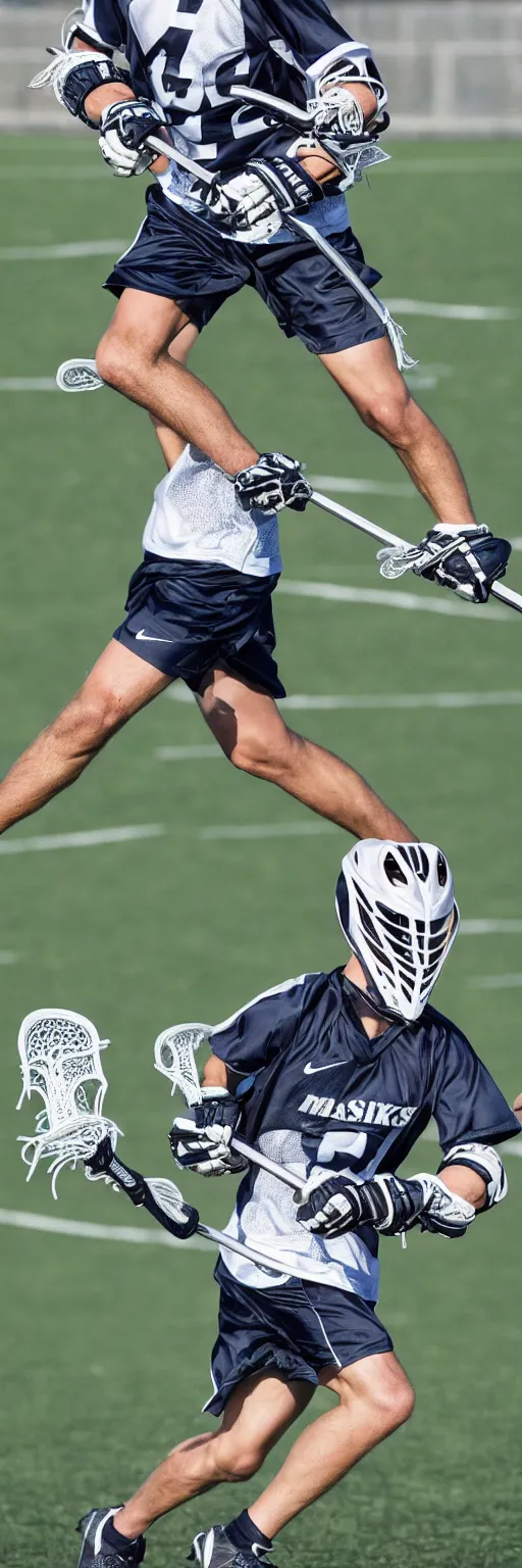 Image similar to lacrosse player, soccer field, cascade helmet, realistic, running, very detailed, 8k, high resolution, ultra realistic, no grain, symmetry, normal proportions, sports illustrated style, Cascade XRS Custom Lacrosse Helmet, brine lacrosse stick, Brine Lacrosse King V Gloves, normal feet, Nike Alpha Huarache 7 Elite, STX Surgeon 700 Lacrosse Arm Guards