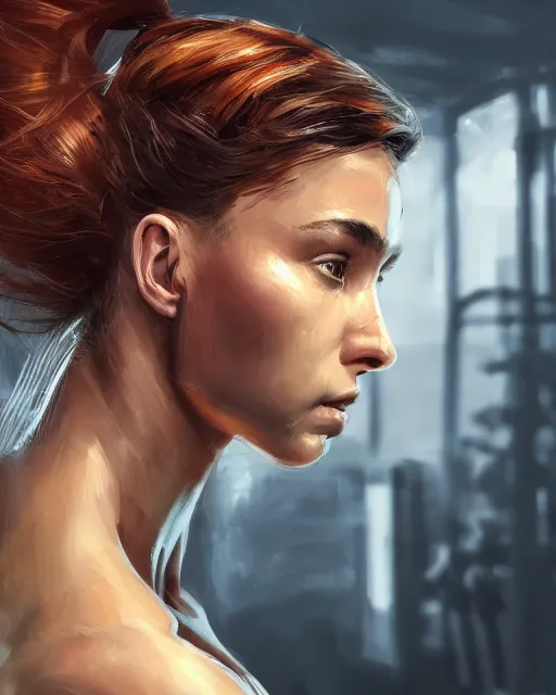 Image similar to detailed masterpiece head and shoulders painting of gorgeous athletic female wearing fbi gear auburn hair flowing, gym in background, inspired by greg rutkowski, sir james guthrie, 4 k, digital painting, trending on artstation, smooth, one single continuous line, unreal engine, epic lighting