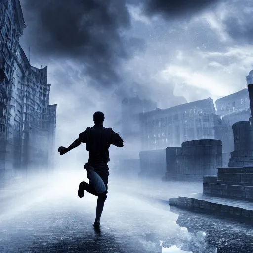 Prompt: fantasy book cover, dramatic shot of a man running out of a building, ultradetailed, wallpaper, 4k, prismatic