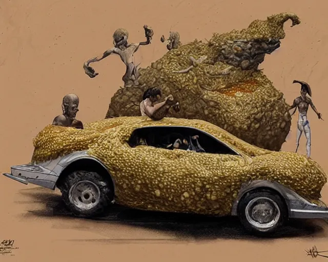 Image similar to a car made of cheese, many holes, concept art by joao ruas, highly detailed, hyperrealistic