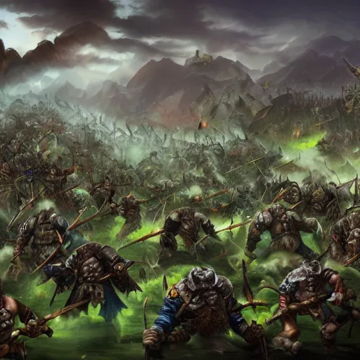Image similar to wide landscape shot of warhammer greenskin orcs fighting pirate vampires, trending on artstartion