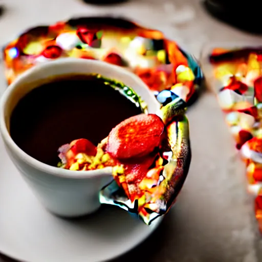 Prompt: dslr food photograph of a coffee cup filled with pizza hawaii and a spoon dipped in it, 8 5 mm f 1. 8