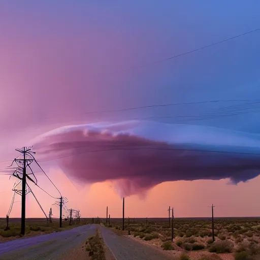 Prompt: hyperrealistic desert, power lines, landscape in West Texas, a mature supercell thunderstorm, huge clouds are illuminated at varying heights from the setting sun.