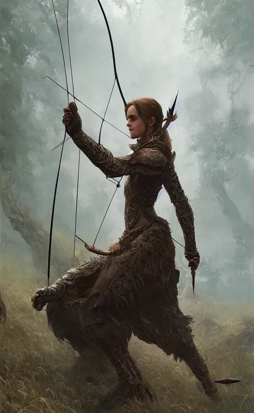 Prompt: portait of a emma watson archer shooting arrow at forest monster, front game card, drark, marvel comics, dark, intricate, highly detailed, smooth, artstation, digital illustration by ruan jia and mandy jurgens and artgerm and wayne barlowe and greg rutkowski and zdislav beksinski