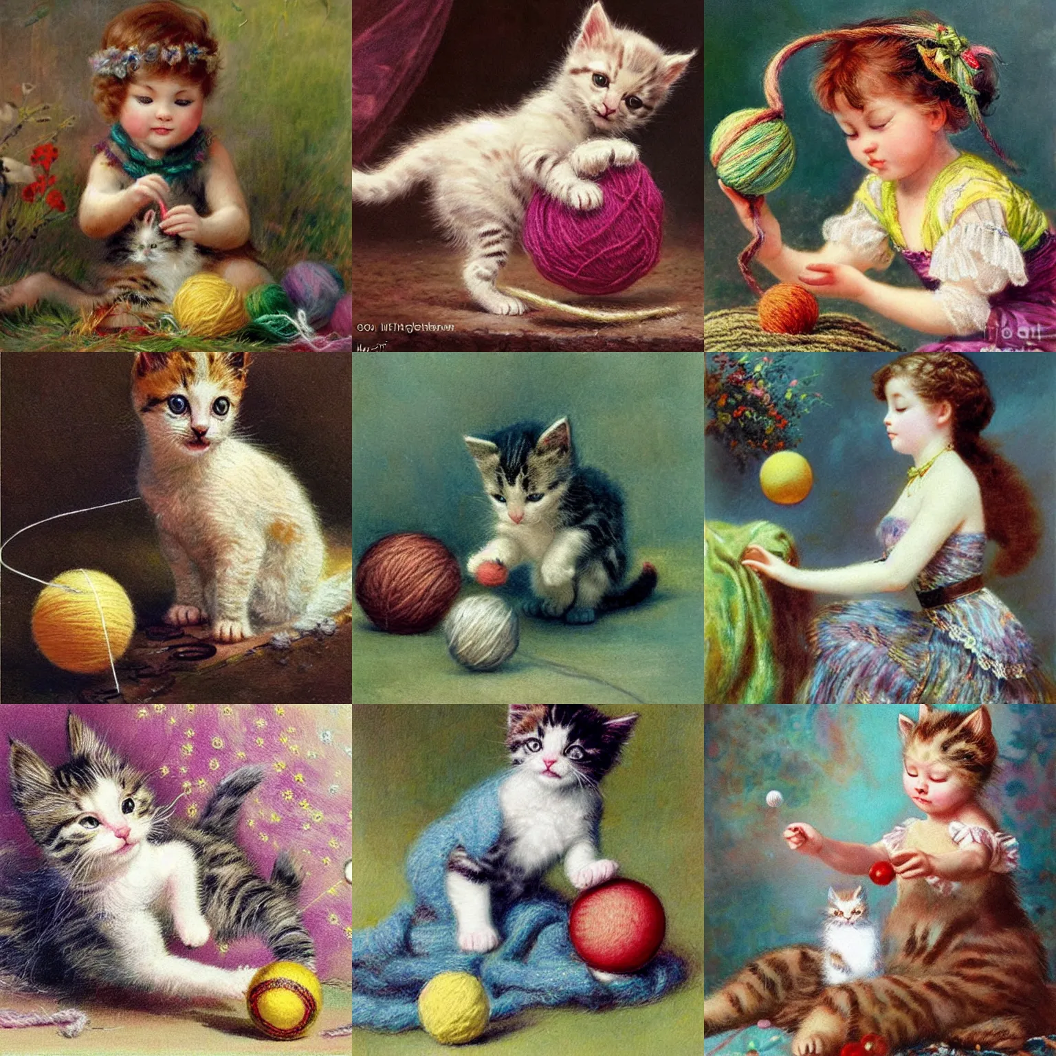 Prompt: kitten playing with ball of yarn, painting by Hans Zatzka