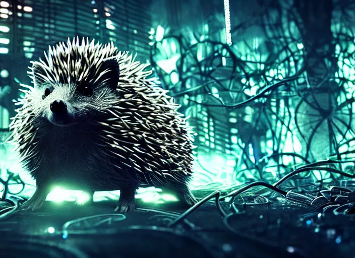 Image similar to intricate hedgehog with optic fibers instead of needles, on the background of a weird magical mechanical forest. Very detailed 8k. Fantasy cyberpunk horror. Sharp. Cinematic post-processing. Unreal engine. Nanite. Ray tracing. Parallax. Tessellation