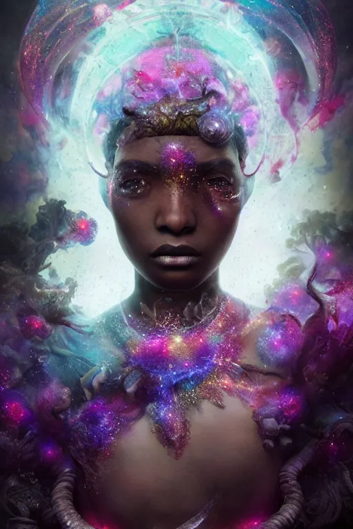 Prompt: mysterious detailed cgi matte painting of a black female space empress of the andromeda, by ellen jewett, alessio albi | symmetrical features, kawaii, photorealism, stunning, ornate, royally decorated, organic, growth, whirling gasses, glowing particles, refractive adornments, colorful torn nebulas, radiant vibrant colors