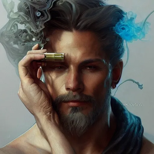 Image similar to a man vaping , D&D, fantasy, intricate, cinematic lighting, highly detailed, digital painting, artstation, concept art, smooth, sharp focus, illustration, art by Artgerm and Greg Rutkowski and Alphonse Mucha