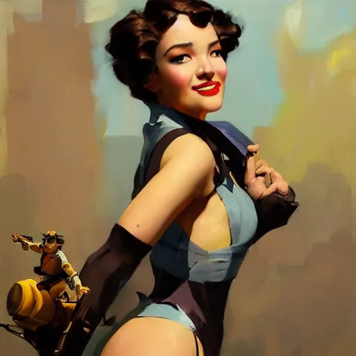 Image similar to greg manchess portrait painting of beauty 1 9 2 0's pinup as overwatch's characters, medium shot, asymmetrical, profile picture, organic painting, sunny day, matte painting, bold shapes, hard edges, street art, trending on artstation, by huang guangjian and gil elvgren and sachin teng