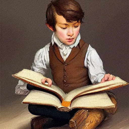 Image similar to 1830s young boy trying to read a book, highly detailed, digital painting, artstation, concept art, art by artgerm and Johfra Bosschart