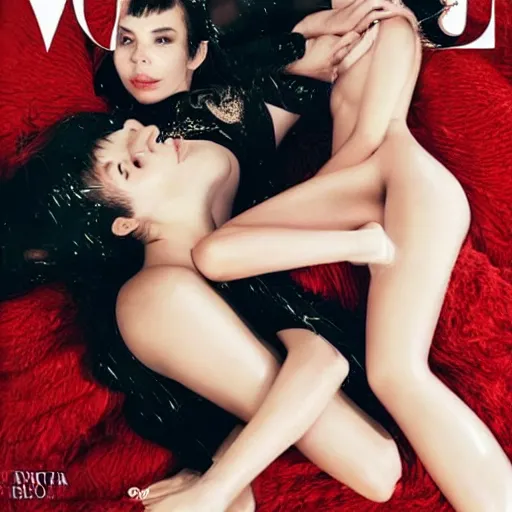 Image similar to stunning vogue magazine photo of dark - haired goddesses vanessa kirby, hailee steinfeld, and bjork smiling, legs intertwined, laying back on the bed, surrounded by adult toys, with wet faces!!, wet lips, smooth skin, perfect eyes, insanely detailed, elegant, by wlop, rutkowski, livia prima, mucha, wlop,