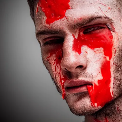 Prompt: torn off skin of man's face blood is everywhere