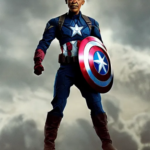 Image similar to Obama as Captain America in the Avengers, final epic scene, closeup still