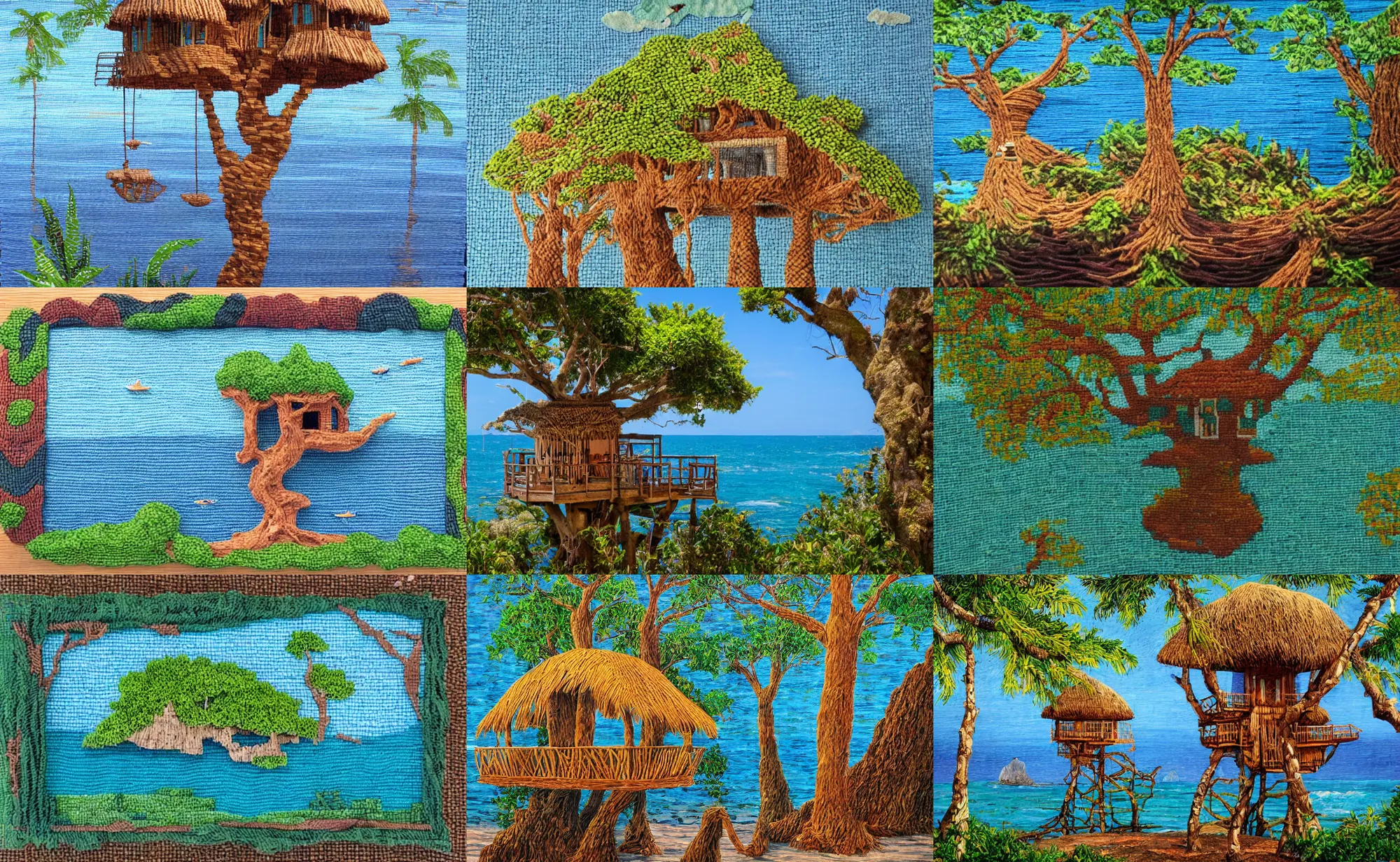 Prompt: woven art of a mystical island treehouse on the ocean