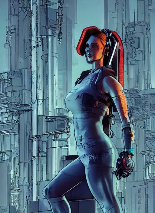 Image similar to Pretty Maria. Beautiful cyberpunk fitness babe. gorgeous face. Realistic Proportions. Concept art by James Gurney and Laurie Greasley. Moody Industrial skyline. ArtstationHQ. Creative character design for cyberpunk 2077.