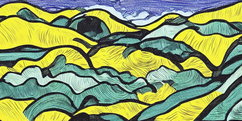 Image similar to landscape illustration in the style of roy lichtenstein