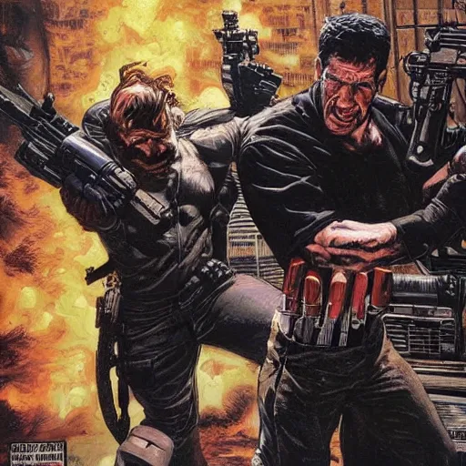 Image similar to The punisher fighting Neo. Epic painting by James Gurney and Belén Ortega.