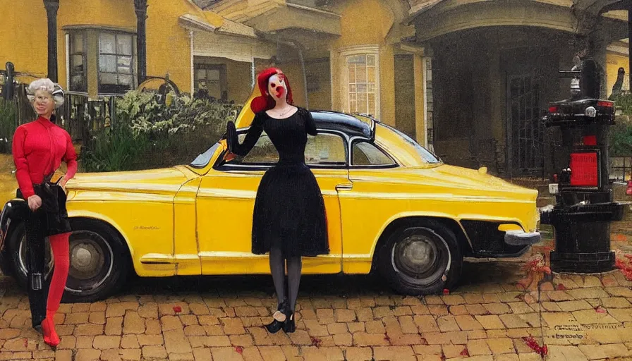 Image similar to a picture of a yellow-car parked next to a red-hydrant with a STYLISH! woman leaning against the car, BEUTIFUL!, surreal, in style of TOM BAGSHAW, painted by Norman Rockwell and Tom Lovell and Frank Schoonover