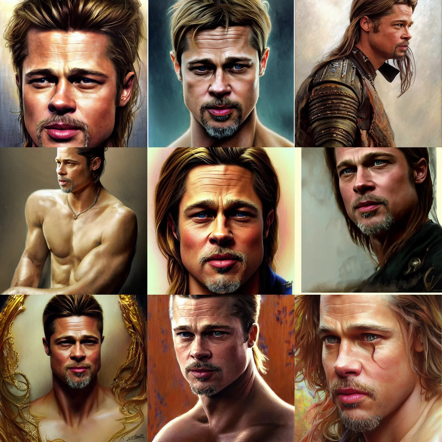 Prompt: Portrait of the Brad Pitt, unreal, fantasy, intricate, elegant, dramatic, highly detailed, photorealistic, digital painting, painterly, artstation, concept art, smooth, sharp focus, art by John Collier and Krenz Cushart and Artem Demura and Alphonse Mucha and Albert Aublet