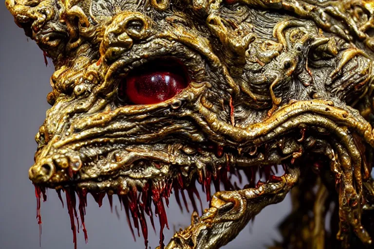 Image similar to photo taken of an epic intricate, ultra detailed, super realistic sculpture of a wet bloodied slimy nightmarish hellish demonic doglike creature on display in a workshop, created by weta workshop, full body shots, photorealistic, sharp focus, f 0. 4, face centred, macro photography, golden ratio,