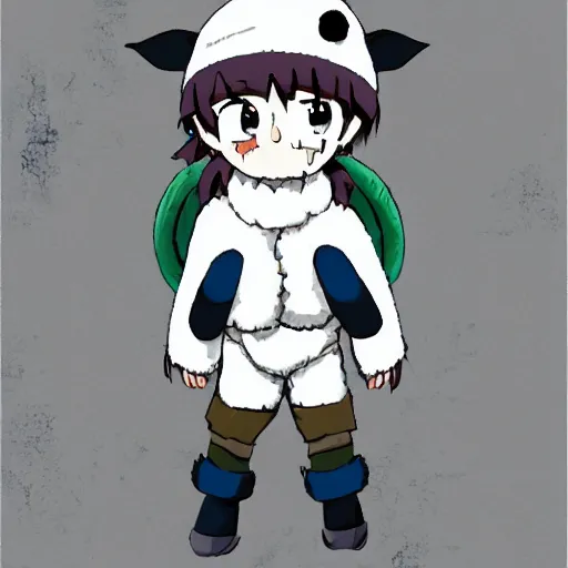 Image similar to boy wearing sheep suit. white, gray, blue, green and brown pallet color. made in abyss art style