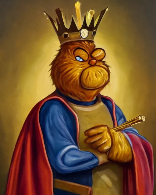 Image similar to an old oil paint of garfield with a king cape and a gold sceptre, high quality, old