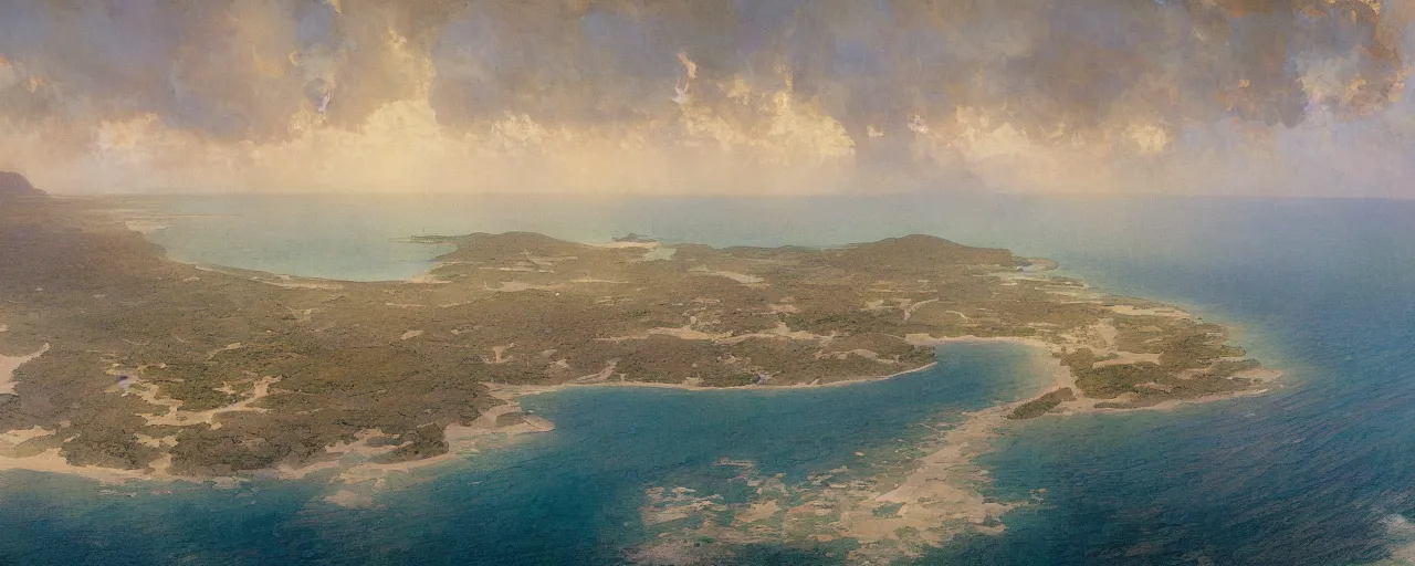 Image similar to a beautiful landscape painting of a tropical island in the middle of the ocean, by alfons maria mucha, trending on artstation, super ultra detail, aerial photography