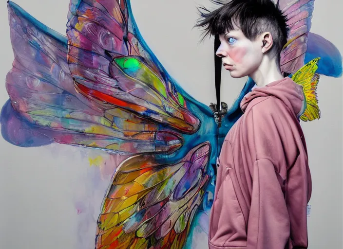 Prompt: a painting by martine johanna of a fairy with big wings wearing a hoodie standing in a township street in the style of jenny saville, street fashion outfit, haute couture fashion shoot, full figure painting by david choe and jeremy mann, decorative flowers, 2 4 mm, die antwoord yolandi visser